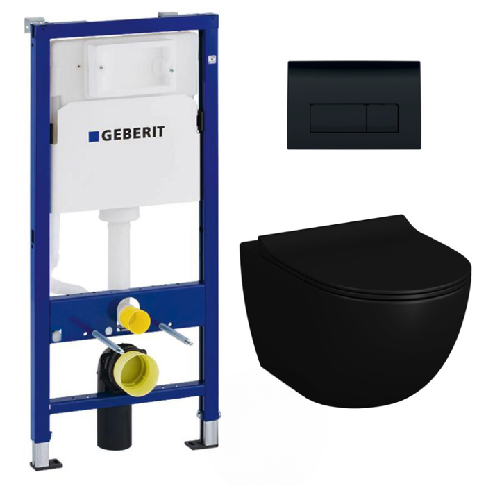 Pack WC Bati-support Geberit Duofix + WC sans bride SAT Infinitio 2.0 Noir mat + Abattant frein de chute + Plaque Delta 50 Noir