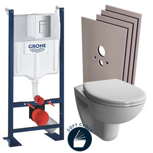 Grohe Pack WC Bâti Autoportant Rapid SL + WC Vitra Normus + Abattant softclose + Set habillage + Plaque chrome