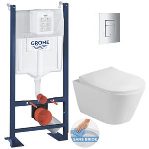 Grohe Pack WC Bâti-support autoportant Rapid SL + WC sans bride Avva, fixations invisibles + Abattant softclose + Plaque chrome mat