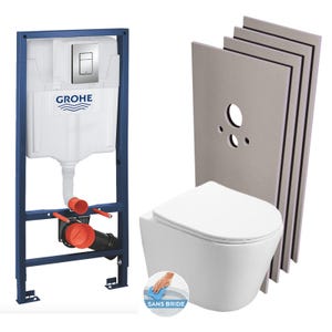 Grohe Pack WC Bâti-support + WC SAT Infinitio sans bride, fixation invisible + Plaque chrome + Set d'habillage