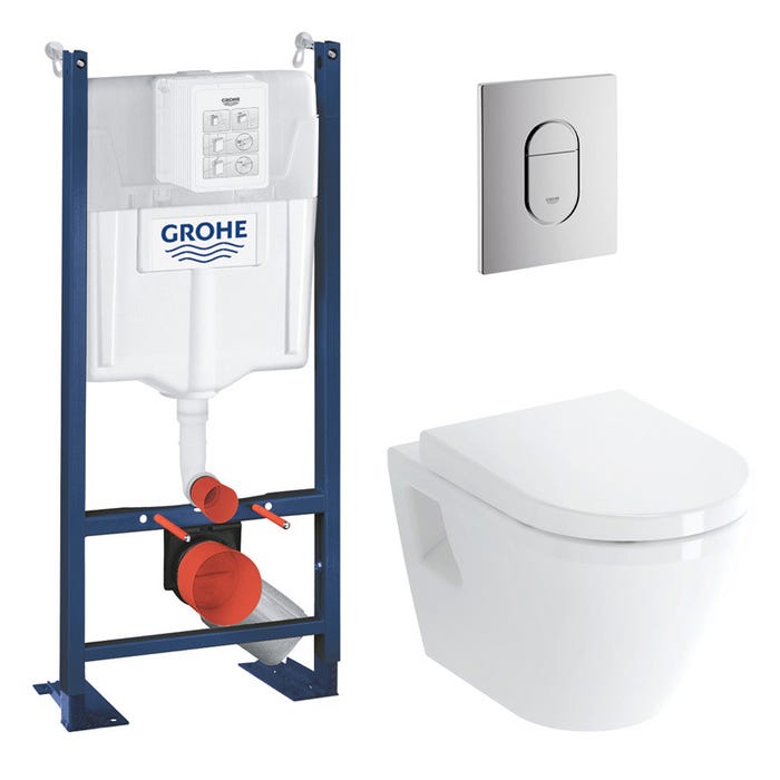 Grohe Pack WC Bâti autoportant Rapid SL + WC suspendu Vitra Integra + Abattant en Duroplast + Plaque chrome (ProjectIntegraClassic-8)