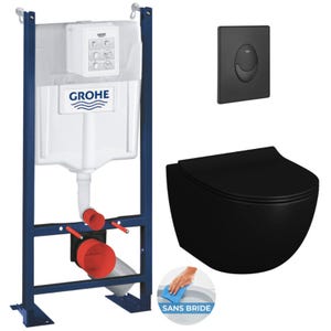 Grohe Pack WC Bâti autoportant Rapid SL + WC sans bride Infinitio 2.0 Noir mat + Abattant softclose + Plaque Noir mat