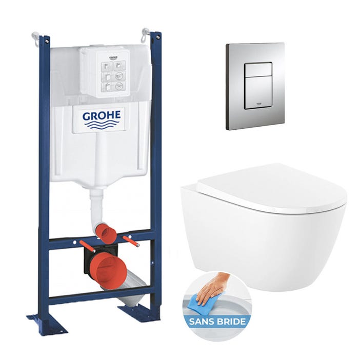 Grohe Pack WC autoportant avec cuvette Roca sans bride et fixations invisibles + abattant Soft Close + Plaque chrome (ProjectOna-1)