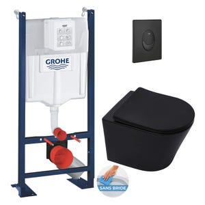 Grohe Pack WC Bâti autoportant + WC Swiss Aqua Technologies Infinitio noir mat sans bride + Plaque noir mat