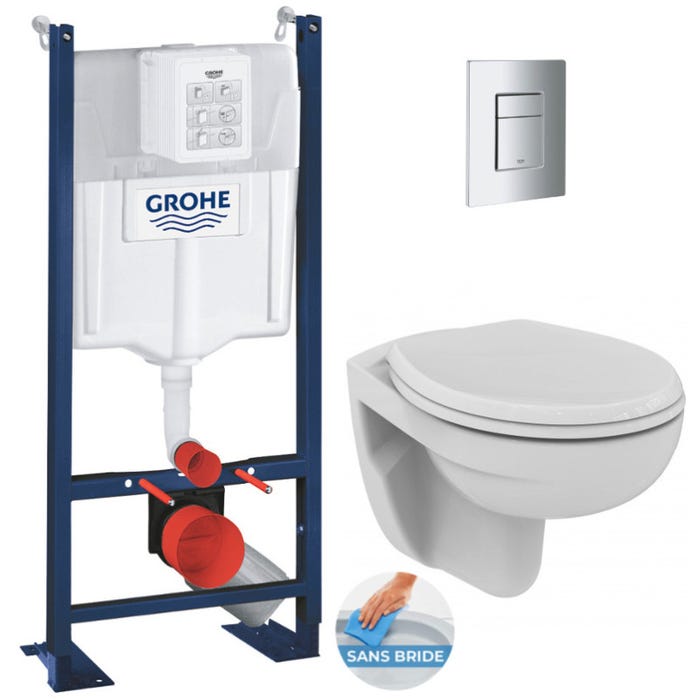 Grohe Pack WC Bâti autoportant avec Cuvette Porcher rimless + Abattant + Plaque chrome (ProjectPorcher-1)