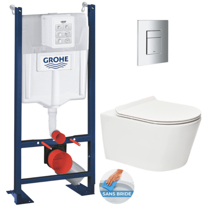 Grohe Pack WC Bâti autoportant + WC sans bride SAT Brevis + Abattant ultra-fin softclose + Plaque chrome (ProjectBrevis-1)