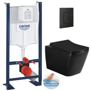 Grohe Pack WC Bâti-support Rapid SL + WC sans bride Infinitio Design, Noir mat + Abattant softclose + Plaque Noire mat