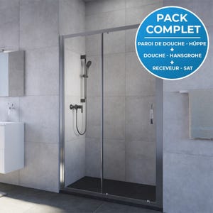 HÜPPE Pack douche : Porte coulissante 120cm + Set de douche avec mitigeur Hansgrohe + Receveur 120x80cm Noir