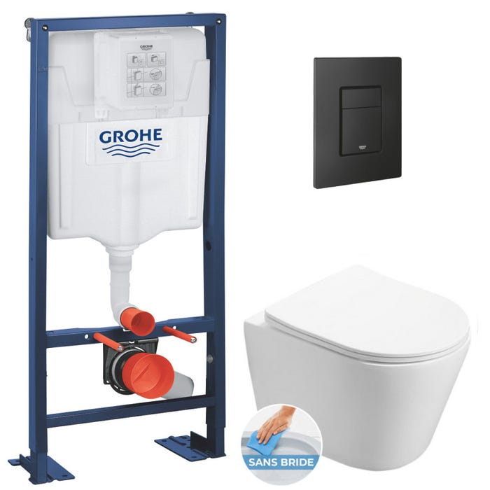 Grohe Pack WC Bâti autoportant + WC Swiss Aqua Technologies Infinitio sans bride + Plaque noir mat (Autoportant-Infinitio-KF0)