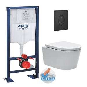 Grohe Pack WC bâti-autoportant Rapid SL + WC sans bride SAT, fixations invisibles + Abattant softclose + Plaque Noire mat
