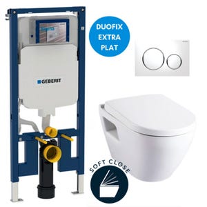 Pack WC Bati-support Geberit UP720 extra-plat + WC Serel SM10 + Abattant + Plaque blanche (SLIM-SM10-C)