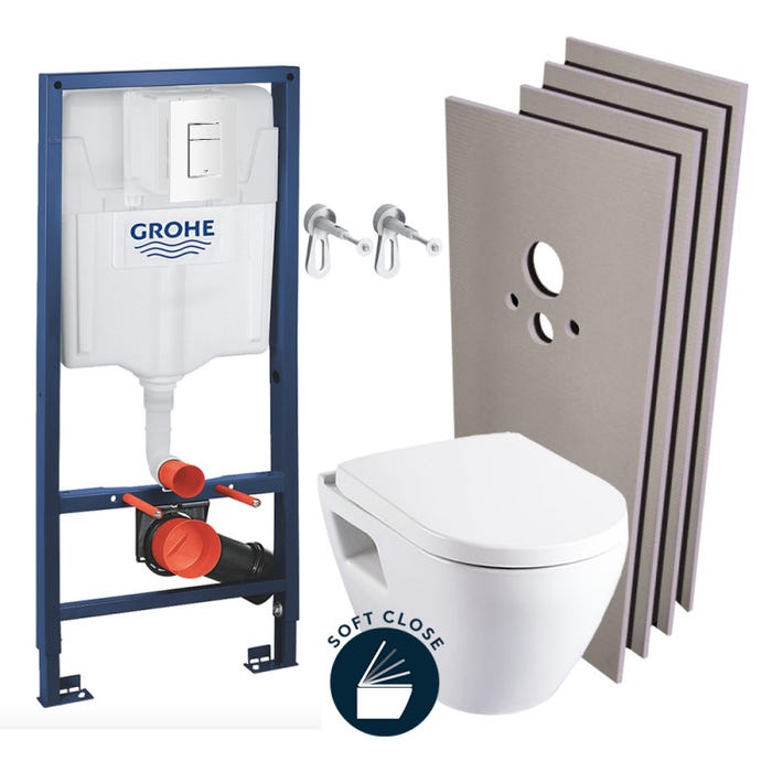 Grohe Pack WC Bâti-support Rapid SL + WC Serel SM10 + Abattant softclose + Plaque blanche + Set d'habillage (RapidSL-SM10-4-sabo)
