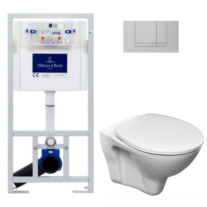 Villeroy & Boch Pack WC Bâti-support Viconnect + WC suspendu Cersanit S-line Pro avec abattant + Plaque chrome mat (ViConnectS-LinePro-3)