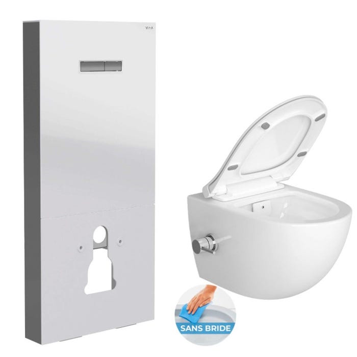Vitra Pack WC Bâti support en verre trempé/aluminium brossé avec plaque intégrée, Blanc + WC sans bride SAT, fonction bidet