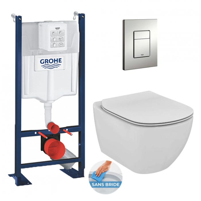 Grohe Pack WC Bâti Autoportant Rapid SL + WC sans bride Tesi + Abattant softclose + Plaque chrome (ProjectTesi-5)