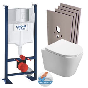 Grohe Pack WC Bâti autoportant + WC sans bride SAT Infinitio + Abattant softclose + Plaque Chrome mat + Set habillage