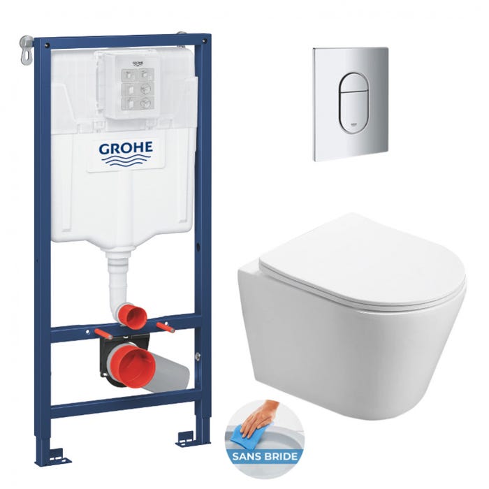 Grohe Pack WC Bâti-support Rapid SL + WC sans bride Infinitio + Abattant softclose + Plaque Chrome (RapidSL-Infinitio-8)
