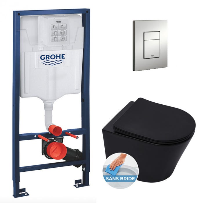 Grohe Pack WC Bâti-support Rapid SL + WC SAT Infinitio noire mat + Abattant frein de chute + Plaque Chrome Mat