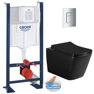 Grohe Pack WC Bâti autoportant + WC sans bride SAT Infinitio Noir mat Design + Abattant softclose + Plaque chrome mat