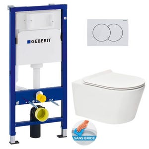 Geberit Pack Bâti-support 112cm + WC sans bride SAT Brevis + Abattant ultra-fin, softclose + Plaque blanche (BrevisGeb1)