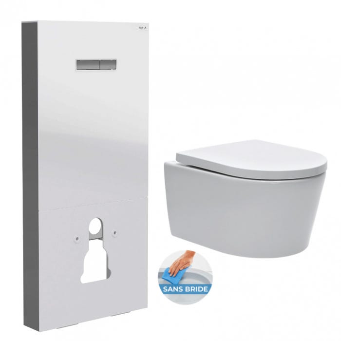 Vitra Pack WC Bâti support en verre trempé/aluminium brossé avec plaque intégrée, Blanc + WC sans bride SAT + Abattant softclose