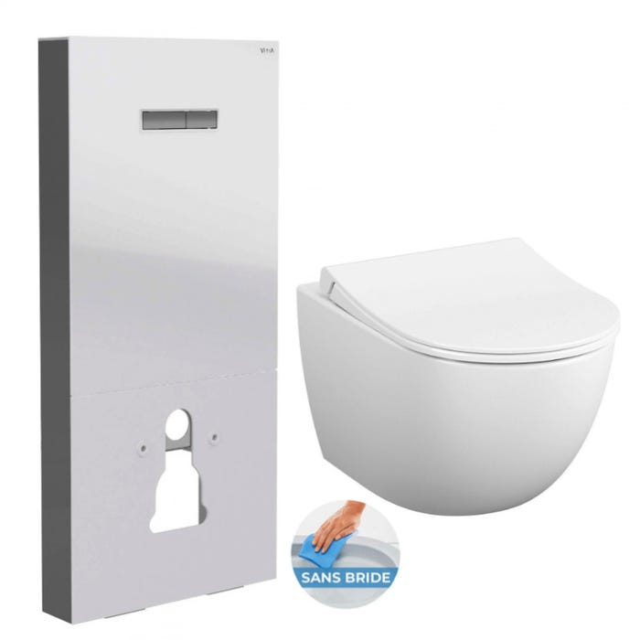 Vitra Pack WC Bâti support en verre trempé/aluminium brossé avec plaque intégrée, Blanc + WC sans bride Sento + Abattant softclose