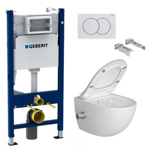 Pack WC Bati-support Geberit + WC sans bride SAT avec bidet thermostatique + Abattant softclose + Plaque Blanche (SATCleanGeb3)