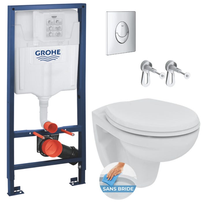 Grohe Pack WC Bâti-support Rapid SL + WC sans bride Porcher avec abattant + Plaque chrome (RapidSL-Porcher-2)