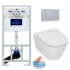 Villeroy & Boch Pack WC bâti-support + WC sans bride Serel SP26 + Abattant softclose + Plaque chrome mat (ViConnectSP26-3)