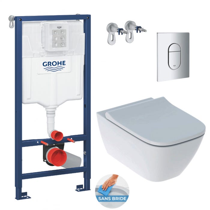 Grohe Pack WC Bâti-support + WC sans bride Geberit Smyle Square + Abattant softclose + Plaque Chrome Arena