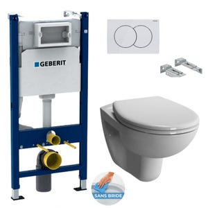 Geberit Pack WC Bâti-support Duofix + WC sans bride Vitra Normus + Abattant softclose + Plaque blanche (NormusRimlessGeb3)