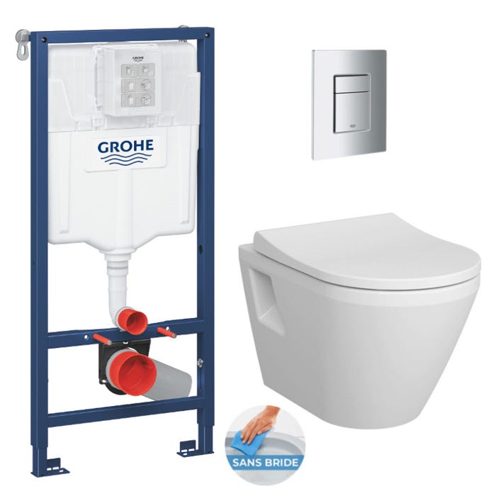 Grohe Pack WC Bâti Rapid SL + WC sans bride Integra + Abattant softclose + Plaque chrome