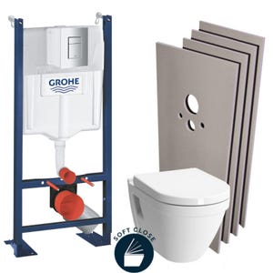 Grohe Pack WC Bâti Autoportant Rapid SL + WC suspendu Vitra S50 + Abattant softclose + Plaque chrome mat + Set habillage