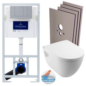 Villeroy & Boch Pack WC Bâti-support + WC Serel SM26 sans bride + Abattant softclose + Plaque chrome mat + Set habillage