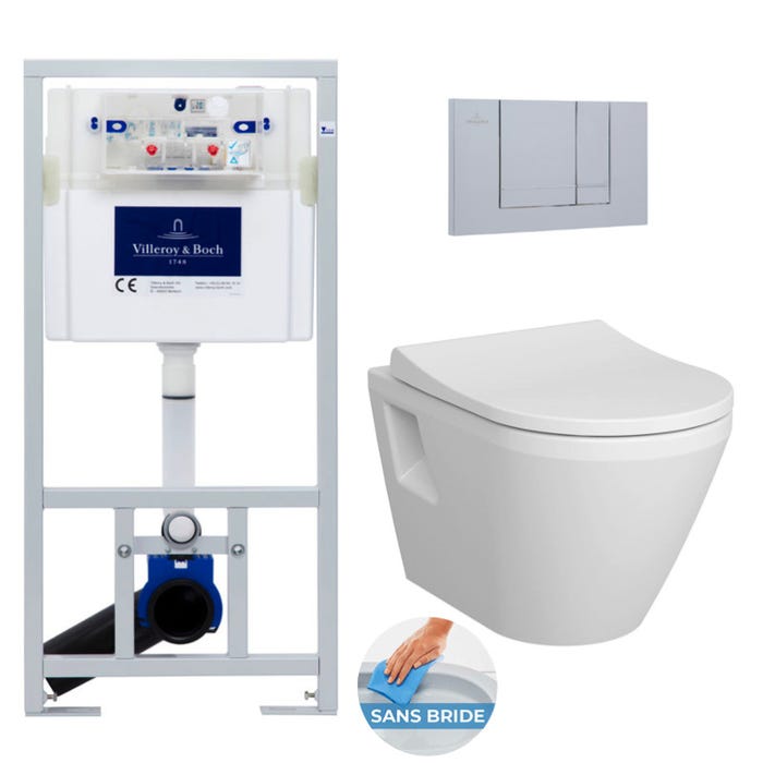 Villeroy & Boch Pack WC bâti-support + WC sans bride Vitra Integra + Abattant softclose + Plaque chrome (ViConnectIntegraRim2-3)