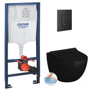 Grohe Pack WC Bâti-support + Cuvette Vitra SENTO noire sans bride fixations invisibles + Plaque noire (RapidSLBlackSento-KF0)