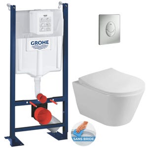 Grohe Pack WC Bâti-support autoportant + WC sans bride Lucco Avva + Abattant softclose + Plaque Chrome mat (ProjectAvva-7)