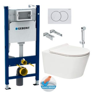 Geberit Pack Bâti-support 112cm + WC sans bride SAT Brevis + Abattant ultra-fin, softclose + Douchette bidet + Plaque blanche