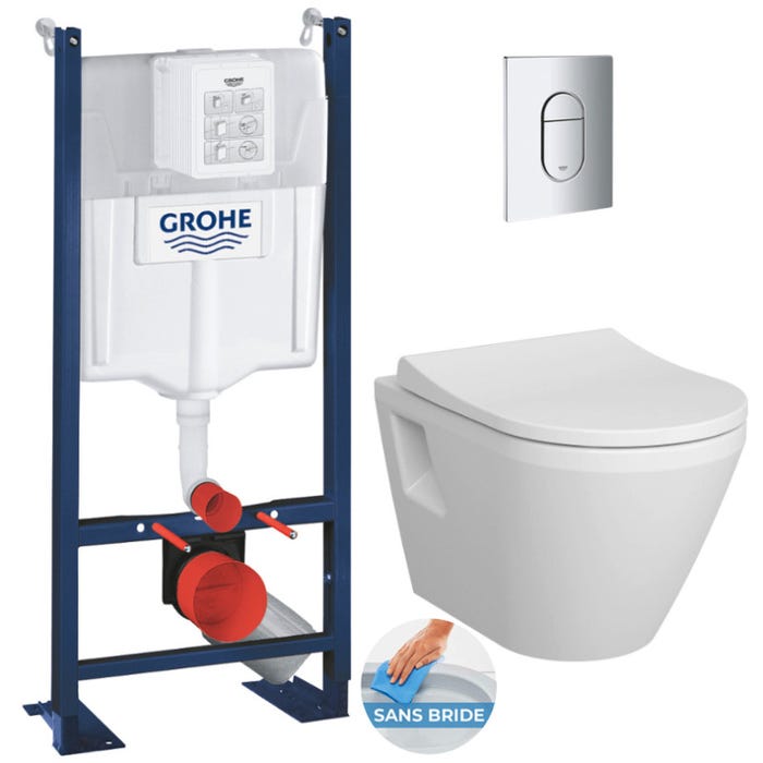 Grohe Pack WC Bâti Autoportant Rapid SL + WC sans bride Integra + Abattant softclose + Plaque chrome