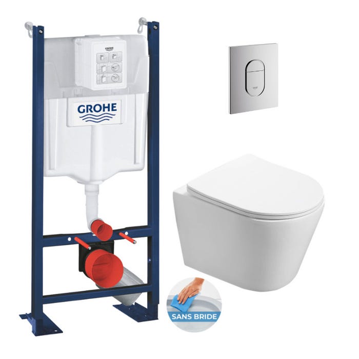 Grohe Pack WC Bâti-support autoportant RAPID SL + WC sans bride Infinitio, fixations invisibles + Plaque chrome (ProjectInfinitio-8)