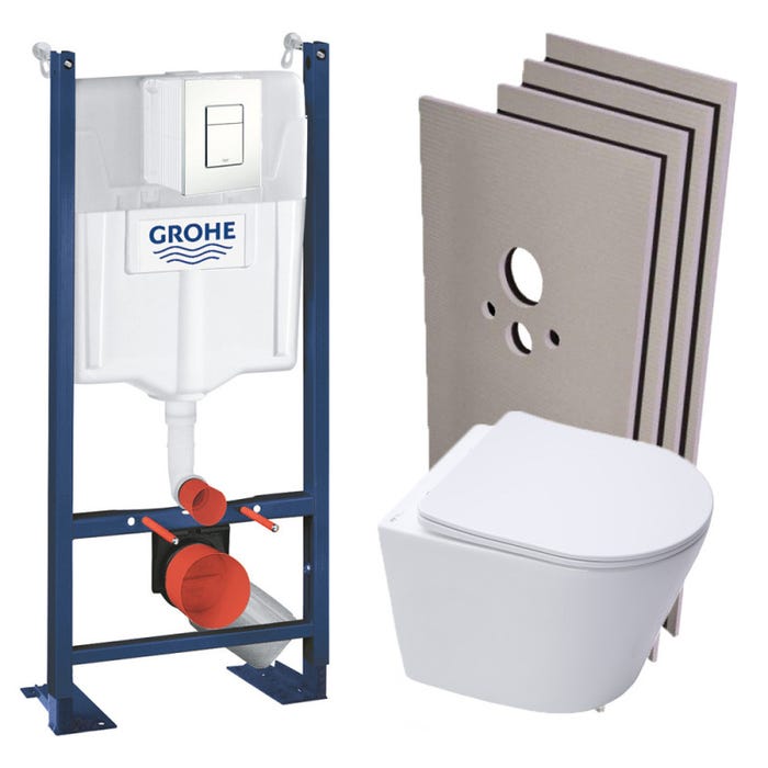 Grohe Pack WC Bâti-support autoportant + WC suspendu sans bride SAT + Abattant frein de chute + Plaque Blanc + Set d'habillage