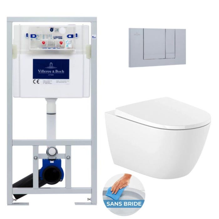 Villeroy & Boch Pack WC bâti-support + WC sans bride Roca Ona + Abattant softclose + Plaque chrome (ViConnectOna-3)