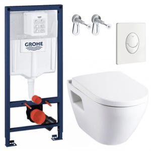 Grohe Pack WC Bâti-support avec Cuvette Serel Solido Compact sans bride + Abattant softclose + Plaque blanche (RapidSL-SM26-3)