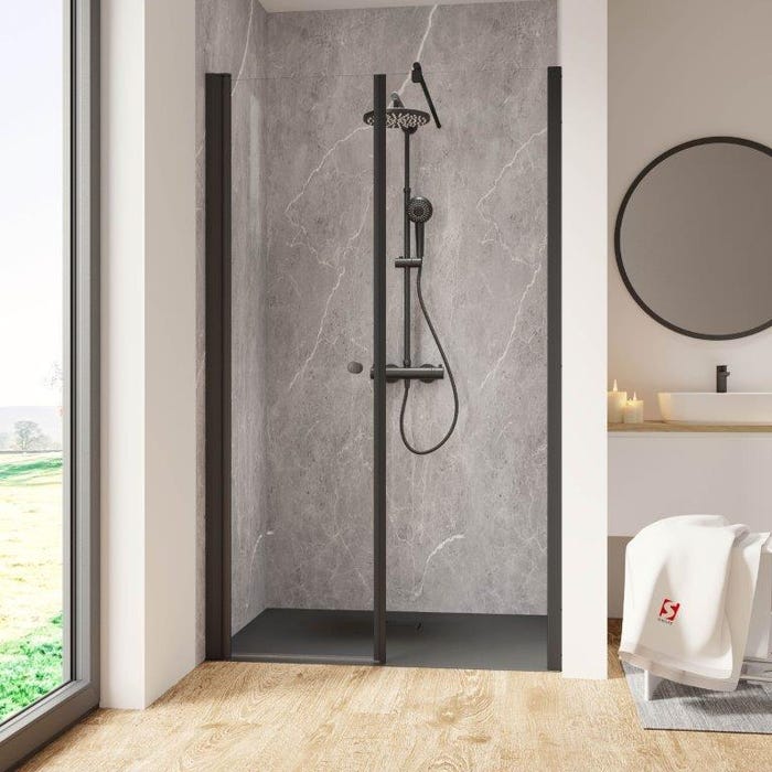 Schulte Porte de douche pivotante, verre 6 mm, profilé noir, Garant, anticalcaire 140 x 200 cm, ouverture vers la gauche