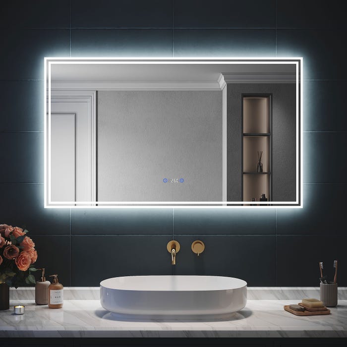 SIRHONA Miroir de salle de bain avec Mirroir LED rétro-éclairé,contrôle de contact,affichage du temps,dispositif bluetooth,120x70cm