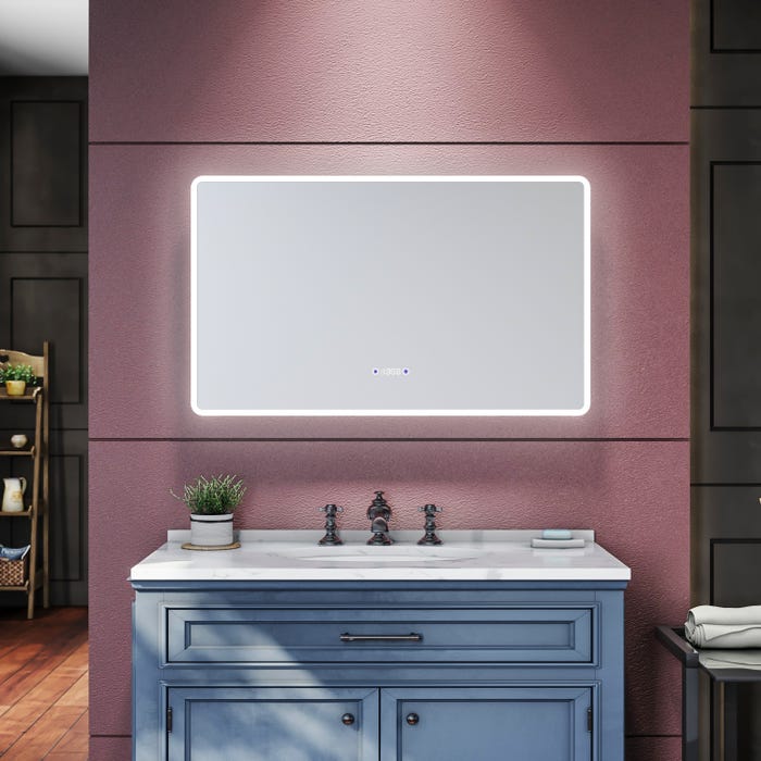 SIRHONA Miroir de salle de bain avec lumière tricolore LED,affichage du temps,désembuage,100x60cm
