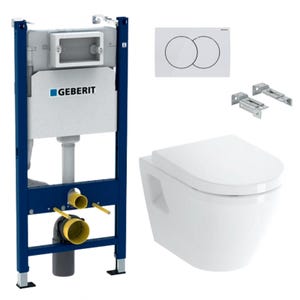 Geberit Pack WC Bati Duofix + WC suspendu Vitra Integra + Abattant en Duroplast + Plaque blanche