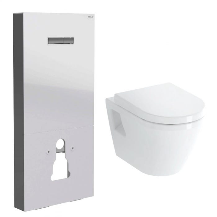 Vitra Pack WC Bâti support en verre trempé/aluminium brossé avec plaque intégrée, Blanc + WC suspendu avec Abattant en Duroplast