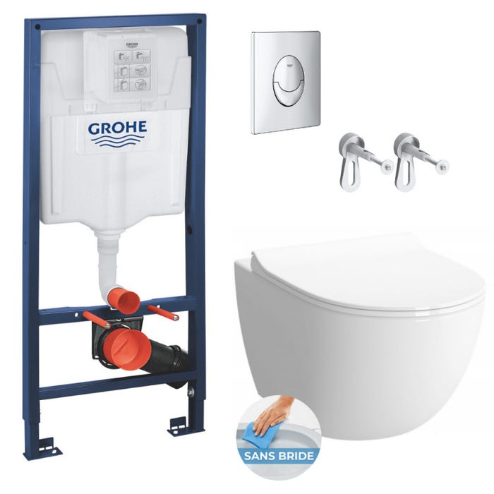 Grohe Pack WC Bâti support Rapid SL + WC sans bride Vitra Sento + Abattant softclose + Plaque chrome (Grohe-Sentorimless-2)