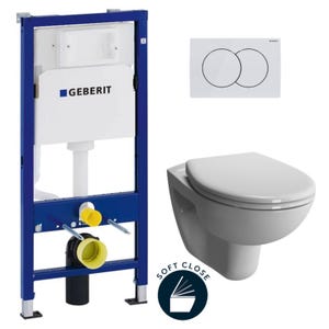 Geberit Pack Bâti-support Duofix 112cm + WC suspendu Vitra Normus + Abattant softclose + Plaque blanche (NormusGeb1)